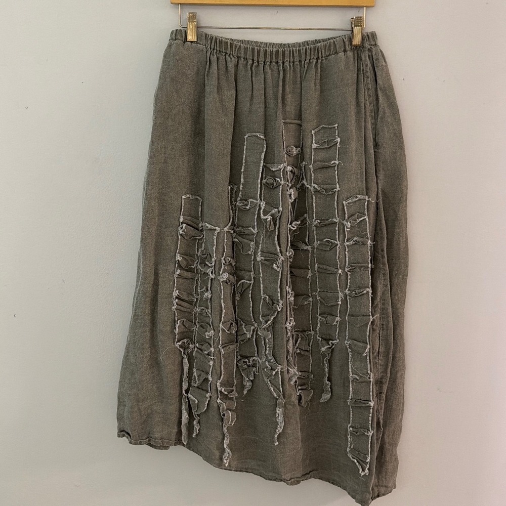 Krista Larson Linen Lagenlook Ruffle Skirt Olive Grey Asymmetrical OSFM